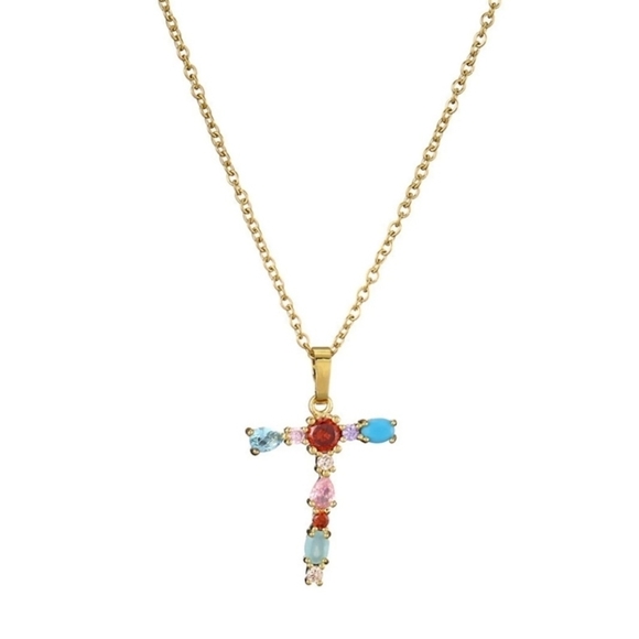 T Initial Pendant Necklace Multicolor Rhinestones Gold Tone Chain - Picture 10 of 15